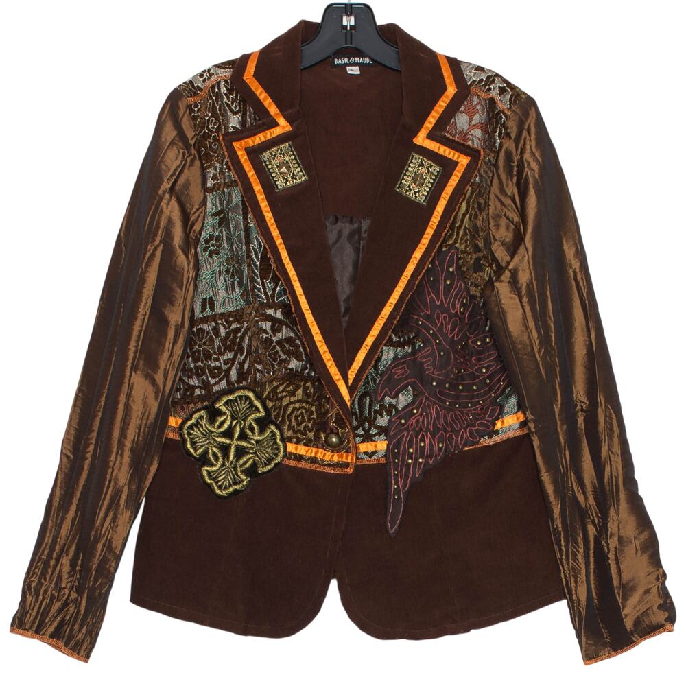 Basil & Maude Corduroy Blazer Patchwork Tapestry Embellished Artsy Boho Brown L